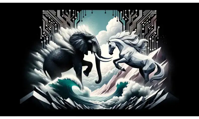 A black elephant and a white horse