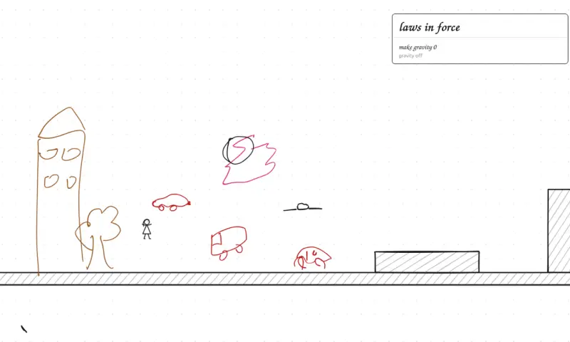 A Kami sandbox page: a hand-drawn tower, tree, and cars floating because a law written on the page says gravity is 0